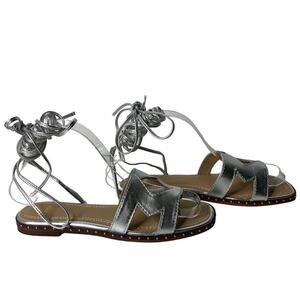 Maje Argent Silver Studded Cutout Leather Gladiator Strap Ankle Tie Flat Sandals